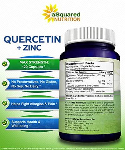 Quercetina 1000mg com Suplemento de Zinco – 120 Cápsulas – Quercetina Dihidratada com Sabugueiro Negro - aSquared Nutrition