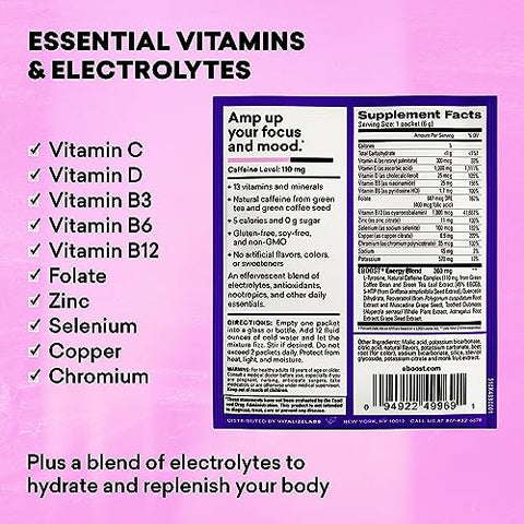 Super Energy Powder Drink Mix – Suplemento de Eletrólitos Não-OGM Carregado com Vitaminas (Açaí Romã), 5g (20 Sachês) - EBOOST