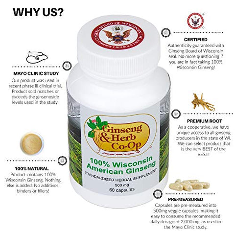 GINSENG & HERB CO-OP A WISCONSIN GROWER COOPERATIVE - USA - Cápsulas de Ginseng Americano Puro de Wisconsin – 500mg. Autêntico Panax Quinquefolius. Raiz de Ginseng Moída Potente – Sem Preenchedores, Ligantes ou Outros Aditivos