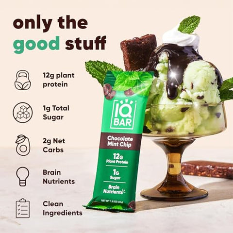 Generic - IQ BAR – Barras de Proteína Vegetal para o Cérebro e o Corpo – Chocolate Chip de Hortelã – 12 Unidades, Baixo Carboidrato, Alta Fibra, Sem Glúten, Snacks Veganos – Barras Energéticas com Baixo Teor de Açúcar para Keto