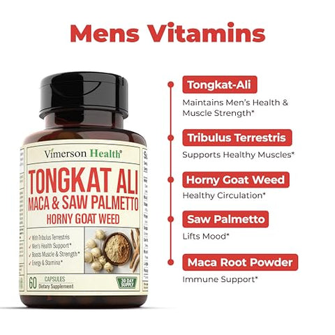 Vimerson Health - Tongkat Ali para Homens – Suporte Saudável à Testosterona. Suplementos Energéticos Equilibrados para Homens com Horny Goat Weed, Maca em Pó, Tribulus Terrestris, Extrato de Saw Palmetto