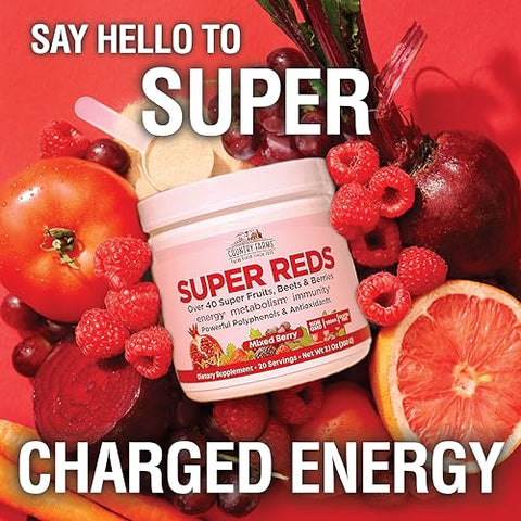 Super Reds: Energizante Superfood de Polifenóis, Mais de 40 Frutas e Bagas Super Poderosas, Antioxidantes e Polifenóis Potentes, Suporta Energia e Circulação, 40g - COUNTRY FARMS