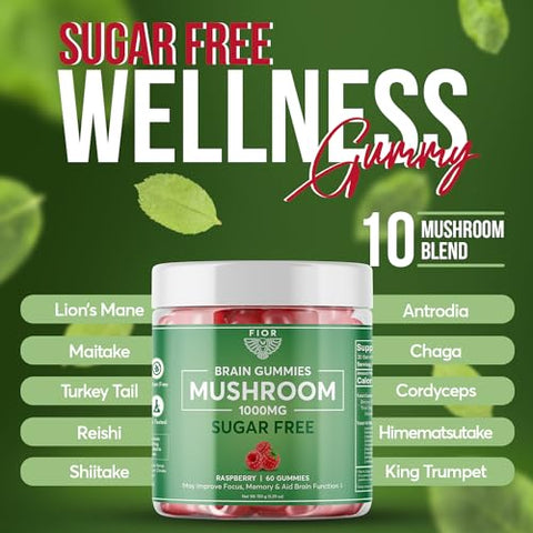 Gummy de Cogumelo Sem Açúcar Naturalmente, 10 Cogumelos em 60 Unidades, Complexo de 10 Cogumelos, Cabelo de Leão, Chaga, Cordyceps, Reishi, Cauda de Peru, Maitake, Shiitake, 10g Blend de Cogumelos - FIOR
