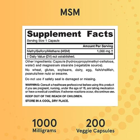 MSM Cápsulas 1.000 mg, Metilsulfonilmetano, Suporte para Saúde das Articulações, 200 Cápsulas, Até 200 Porções - Jarrow Formulas