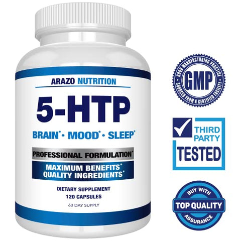 5-HTP 200 MG Plus Calcium – Suporte para Humor e Sono – Promove Calma e Relaxamento – Alta Pureza 99% – 120 Cápsulas - Arazo Nutrition