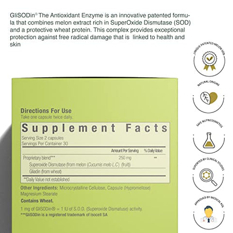 Skin Nutrients – Enzima Antioxidante para Proteção contra Danos dos Radicais Livres – Reduz o Estresse Oxidativo – 60 cápsulas – Fornecimento de 1 Mês - GliSODin