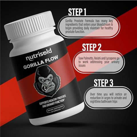 Nutrisold - Gorilla Flow – Suporte para a saúde masculina | Reduzir micções noturnas | Promover sono | Apoio ao esvaziamento da bexiga | Complexo herbal para próstata | Bexiga