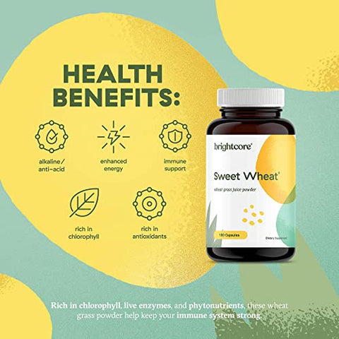 Brightcore - Nutrition Sweet Wheat: Athletic Greens Prontos para Beber, Super Greens com Enzimas Digestivas para Saúde Digestiva e Impulso Imunológico, 180 Cápsulas de Pó de Suco de Capim de Trigo