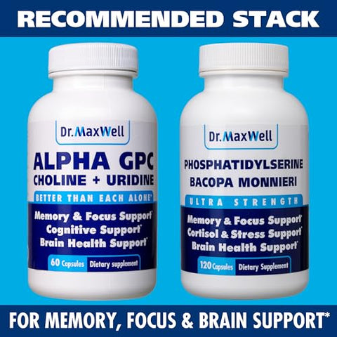 Dr. Maxwell - Alpha GPC 600mg Uridine: Potencializador de Colina 2 em 1, Livre de Soja, Sem Preenchedores, EUA, 60 Cápsulas, Precursor de Acetilcolina