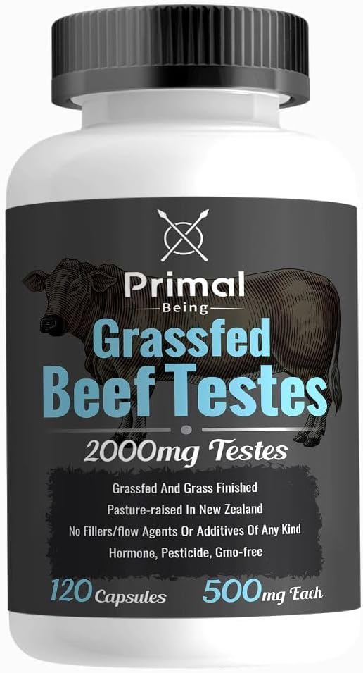 Testículos de Boi Criados a Pasto, Suporte para Vitalidade, Libido, Saúde Hormonal, Reprodução Masculina – 120 Cápsulas, 2000mg por Porção - Primal Being