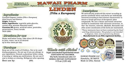 Extrato Líquido de Tília Orgânica Sem Álcool, Glicerito de Folha e Flor Seca de Tília (Tilia x Europaea) Natural da Hawaii Pharm – 4 oz (118 ml)
