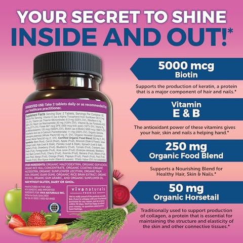 Viva Naturals - Vitaminas Orgânicas para Cabelo, Pele e Unhas – Biotina Vegetariana para Apoio à Saúde de Cabelo, Pele e Unhas com Vitamina E