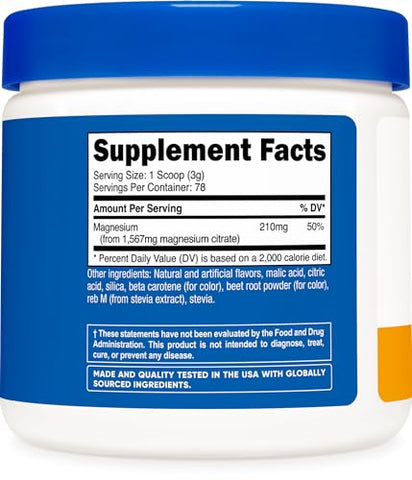 Pó de Citrato de Magnésio (Pêssego Manga, 250g) – Benefícios para a Saúde e Bem-Estar - Nutricost