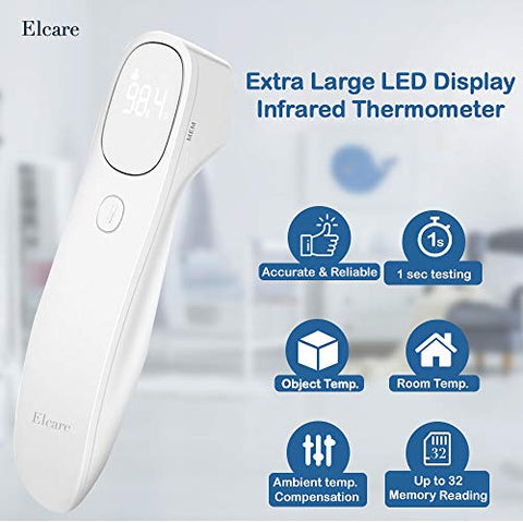 Elcare - Termômetro Infravermelho Sem Contato para Todas as Idades – Atualizado Grau Hospitalar, Modo de Temperatura Corporal e Ambiente, Display LED Grande e Suave