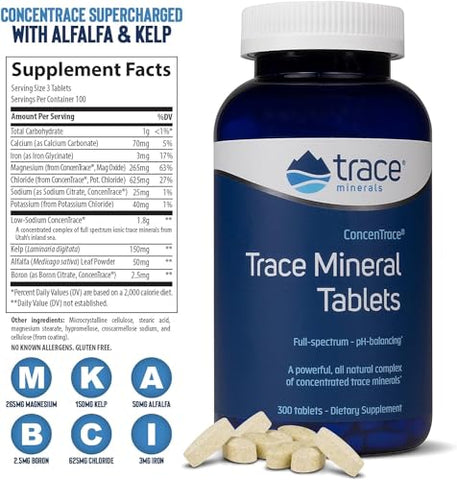 ConcenTrace Tablets | Minerais Iônicos de Espectro Completo | Magnésio, Cloreto, Potássio | Energia de Baixo Sódio, Eletrólitos, Hidratação | 300 Comprimidos - Trace Minerals
