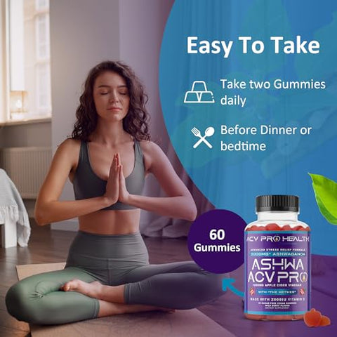 Promethean Wellness - Ashwa ACV Pro Health – Gomas de Vinagre de Maçã sem Açúcar, Gomas de Ashwagandha, Gomas Avançadas de ACV Keto, Suplementos de Ashwagandha com Vitamina D, Alívio do Estresse