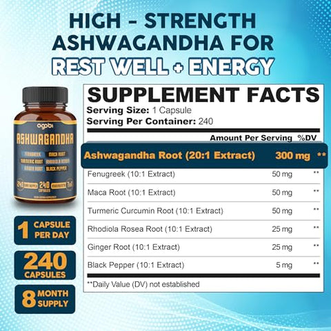 agobi - Ashwagandha 8050mg – 240 Cápsulas – 8 Meses de Fornecimento – 7 em 1 com Fenugreek, Maca, Cúrcuma, Rhodiola, Gengibre e Pimenta Preta – Suporte para Humor, Força, Espírito e Energia