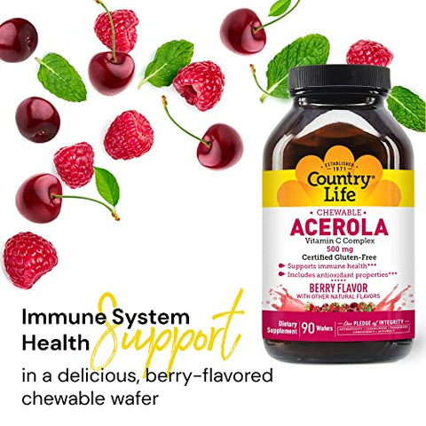 Acerola Complexo de Vitamina C, 500mg, Pastilhas Mastigáveis com Sabor de Frutas Vermelhas, Suporte à Saúde Imunológica, 90 Pastilhas, Certificado Livre de Glúten pela GFCO, Certificado Vegano pela AVA - Country Life