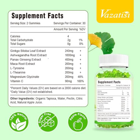 Vazatisi - Gummies de Ginkgo Biloba com Panax Ginseng para Melhorar o Humor e a Concentração, Estimulante Energético Tradicional e Saúde Cerebral, 120 Gummies Veganos de Sabor Maçã