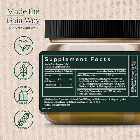 Golden Milk em Pó – Cúrcuma Orgânica, Pimenta Preta, Ashwagandha, Tâmaras, Cardamomo e Baunilha para uma Xícara de Calma Natural Ayurvédica – 100g - Gaia Herbs