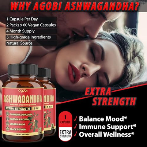 agobi - 2 Pacotes – 60 Cápsulas de Ashwagandha Concentrada – Fórmula 5 em 1 com Ashwagandha, Cúrcuma, Rhodiola Rosea, Gengibre e Pimenta Preta – Suprimento de 4 Meses