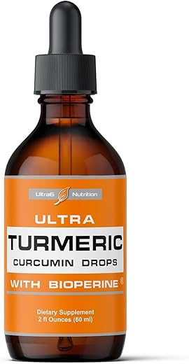 Ultra6 Nutrition - Curcuma Líquida com Pimenta Preta – Suplemento Orgânico de Curcuma com Bioperina para Suporte Articular – Gotas de Curcuma para Absorção Máxima – Fabricado nos EUA – 60ml