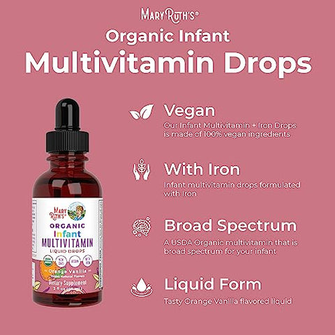 MaryRuth Organics - Multivitamínico com Ferro para Bebês por MaryRuth’s | Orgânico USDA | Gotas Líquidas Multivitamínicas para Bebês de 6 a 12 Meses | Suporte Imunológico
