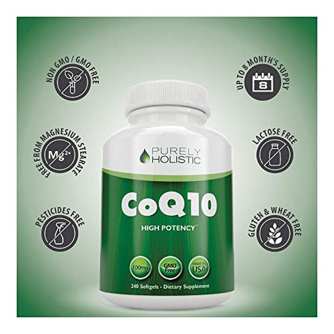CoQ10 100mg – 240 SoftGels – 8 Meses de Fornecimento – Suplemento Ubiquinona Coenzima Q10 – com Azeite de Oliva Orgânico – Livre de Soja – Co Q 10 – Fabricado nos EUA - Purely Holistic