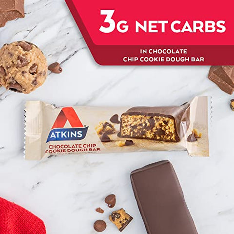 Barra de Proteína de Massa de Biscoito com Gotas de Chocolate, Alto Teor de Fibras, 1g de Açúcar, 3g de Carboidratos Líquidos, Substituto de Refeição, 30 Unidades - Atkins