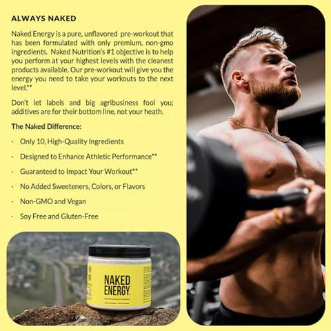Naked Nutrition - Naked Energy – Pó Pré-Treino Puro para Homens e Mulheres, Vegano, Sem Sabor, Pré-Treino Saudável – Sem Adição de Adoçantes, Cores ou Sabores – 50 Porções