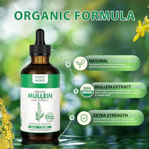 Novomins - Gotas de Mullein para Limpeza dos Pulmões, Extrato de Folha de Mullein Vegano com Clorofila, Suporte Imunológico e Respiratório – 120 ml