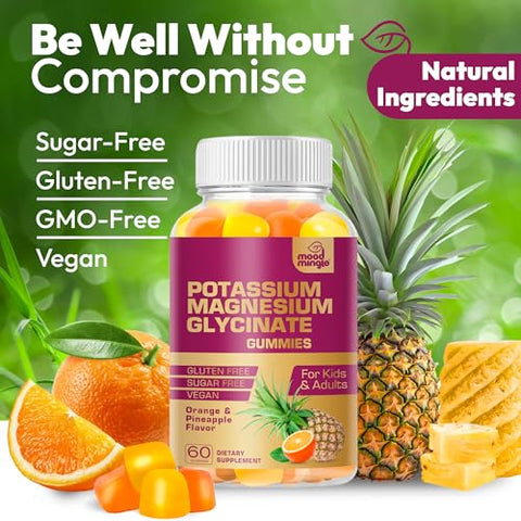 Mood Mingle - MoodMingle Gomas de Suplemento de Potássio Magnésio Glicinato – Alta Absorção – Mastigáveis de Potássio com Cálcio Vitaminas B6 B12 C D3 K2 Zinco – Vegano Sem Açúcar Sem Glúten para Crianças – 100g