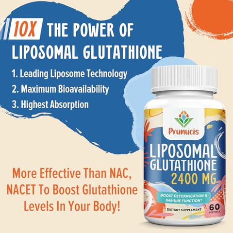 Prunucis - 2400MG Liposomal Glutationa, L-Glutathione Reduzida, Suplemento de Glutationa com Vitamina C, Antioxidantes Mestres, Absorção Aprimorada – Suplementos Antioxidantes Não GMO, Imunidade
