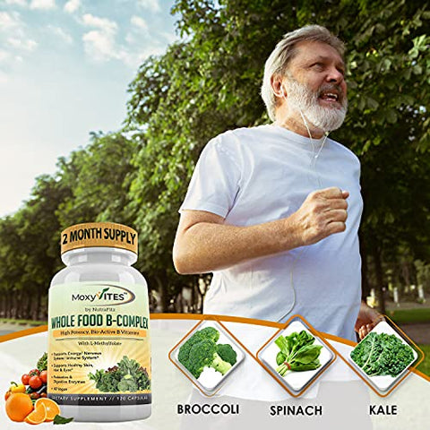 MoxyVites - Complexo de Vitamina B – Suplemento Alimentar de Vitaminas B em Alimentos Integrais, B12 Metilcobalamina, B1, B2, B3, B5, B6, B7, B9 – para Estresse, Energia e Suporte Imunológico, Vegano, 120 Cápsulas