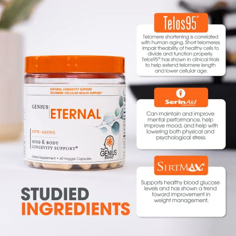 The Genius Brand - Genius Eternal – Cápsulas de Telômeros, Suplemento Anti-Envelhecimento – Ativador NRF2 NADH, Suporte de Células-Tronco para Longevidade, Energia Celular, Metabolismo – 60 Cápsulas