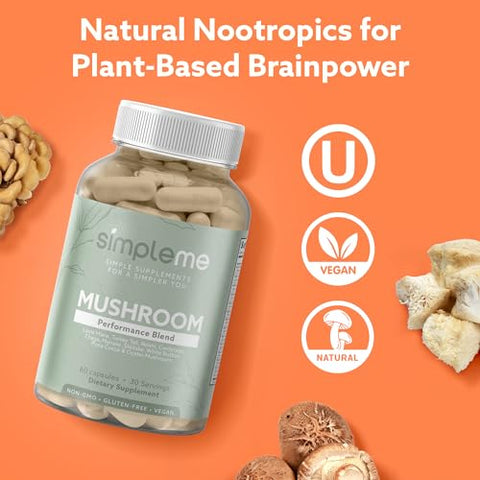 SIMPLEME - Suplemento de Cogumelos Multi-Mushroom – Complexo para Cérebro, Suporte Imunológico, Nootrópicos – Mistura de Desempenho com Lion’s Mane, Turkey Tail, Reishi, Cordyceps, Chaga, Maitake, Shiitake e Mais