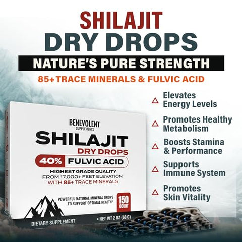 Benevolent Nourishment - Premium Shilajit Dry Drops – 150 Unidades, 250mg Cada – Máxima Potência de Shilajit Puro para Homens com 40%% de Ácido Fúlvico – Marca Premium