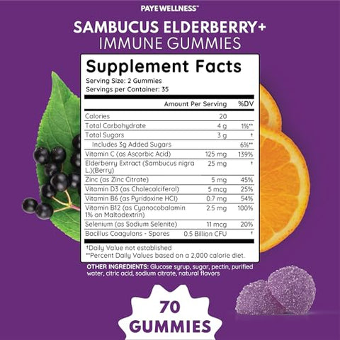 PAYÉ - Sambucus Elderberry Gummies – Suporte Imunológico Diário para Crianças e Adultos* com Zinco, Vitamina C, D3, B6, B12 – Suplemento Alimentar – 140 Unidades