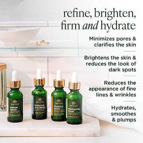 Tree of Life Beauty - Regime Avançado Tree of Life – Sérum de Niacinamida (Refina) Sérum de Vitamina C (Ilumina) Sérum de Retinol (Suaviza) Sérum de Ácido Hialurônico (Hidrata) – Séruns Faciais – 4 unid x 30 ml