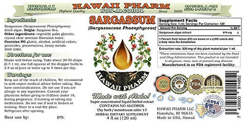 Hawaii Pharm LLC - Tintura de Sargassum (Sargassaceae Phaeophyceae) Alga Seca Extrato Líquido Livre de Álcool, Sargassum, Glicerito Herbal 120 ml