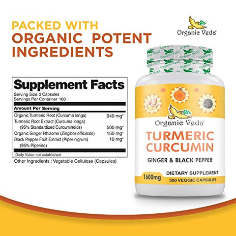 Cápsulas de Cúrcuma e Gengibre Organic Veda 300 Pills – Cúrcuma Orgânica com Pimenta Preta para Suporte Articular – Não Transgênico, Sem Glúten, Suplemento de Cúrcuma e Gengibre (95%%…)