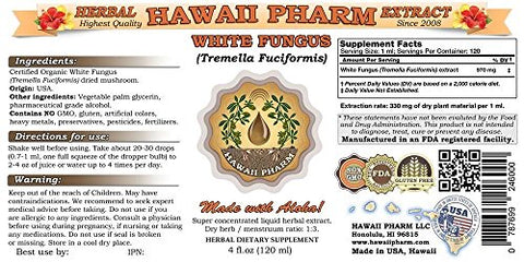 Extrato Líquido de Fungo Branco, Tintura de Cogumelo Fungo Branco (Tremella Fuciformis), Suplemento Herbal, Hawaii Pharm, Fabricado nos EUA, 118 ml