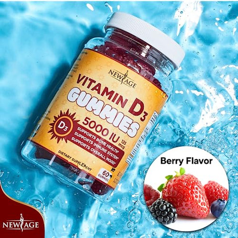 Gummies Vitamina D3 5000 UI 125mcg – Suporte Imunológico e Saúde Óssea – Sem OGM, Sem Glúten, Sem Laticínios, Sem Gelatina (120 Gummies – Pack com 2) - NEW AGE