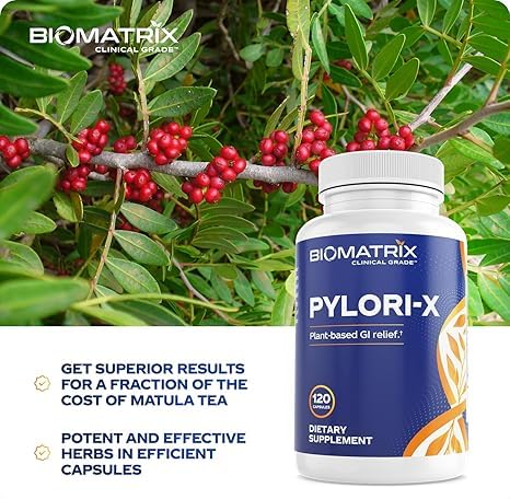 BioMatrix - Pylori-X: Defesa contra H. Pylori | Chá Matula Alternativo c/ Mastic Gum, Berberine, Zinco Carnosina, Sais de Bismuto | Equilíbrio do Microbioma, Alívio Digestivo (120 Cápsulas)