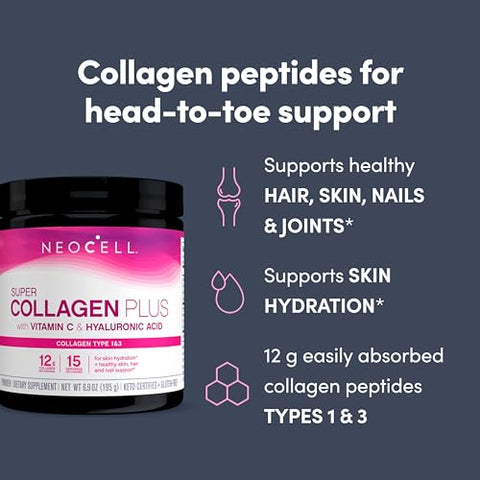 Super Collagen Plus com Vitamina C e Ácido Hialurônico para Hidratação e Saúde da Pele, Cabelos e Unhas, Pó de Colágeno, 200g, 1 Frasco - NeoCell