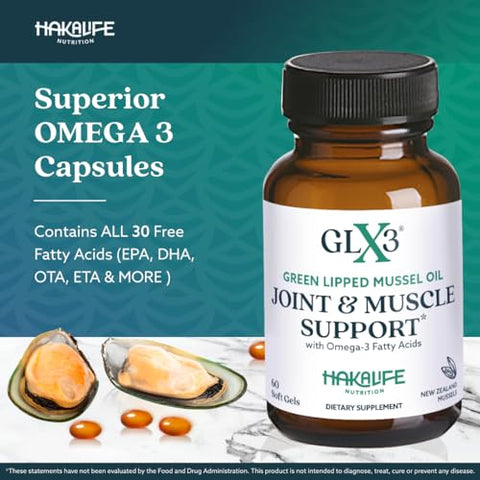 HAKA Life Nutrition - GLX3 Ômega-3 Extra Forte | Óleo de Mexilhão de Lábios Verdes da Nova Zelândia – Conforto, Flexibilidade, Recuperação Muscular – ETA EPA DHA Ômega 3 – 60 cápsulas