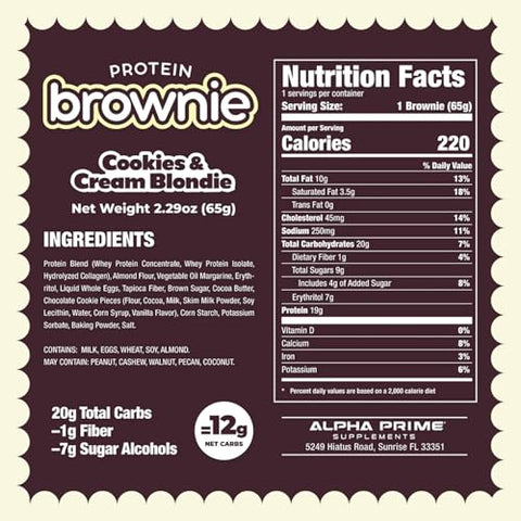 Brownie de Proteína Prime Bites da Alpha Prime Supplements | Alto teor de proteína, enriquecido com colágeno, lanche delicioso com baixo teor de açúcar | 12 barras por caixa (Chocolate Cookie Monster)