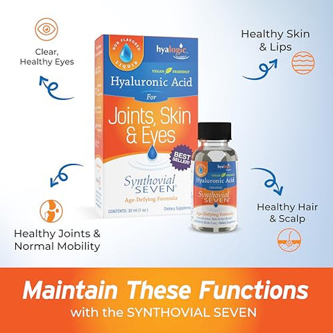 Synthovial Seven – Suplemento de Ácido Hialurônico Oral 30ml (Pacote com 2) – HA Líquido Suporta Hidratação da Pele, Articulações, Olhos e Lábios – Livre de Glúten, Vegano - Hyalogic