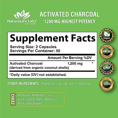 NaturaLife Labs A Higher Standard - Cápsulas de Carvão Ativado – 1.200 mg Altamente Absorvente Ajuda a Aliviar Gases