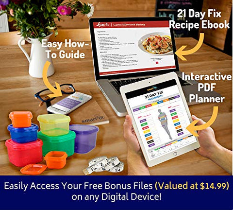 smartYOU Products - Conjunto de Equipamentos 80 Day Obsession – 21 Day Fix Contêineres de Controle de Porções Livres de BPA (7 Peças) Faixas de Resistência (5) Discos Deslizantes para o Core (2) Guia Planejador eBook de Receitas Fita